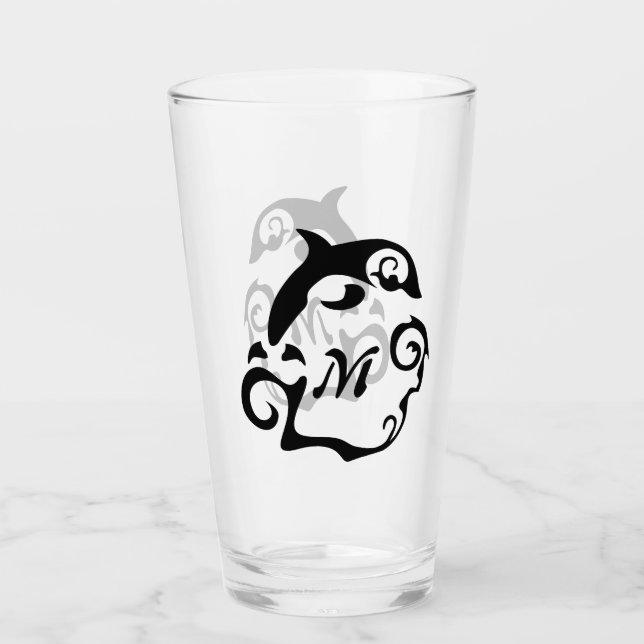 Copo De Pint Golfinho de silhueta numa onda no mar Negro (Frente)