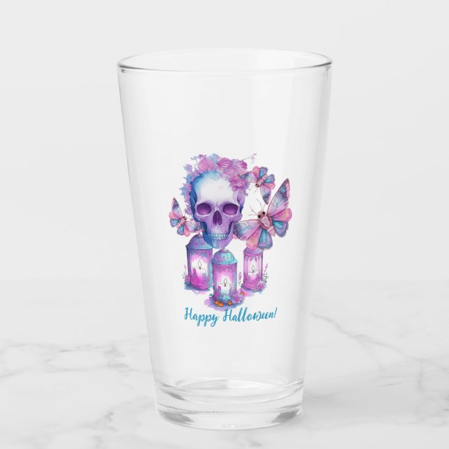 Copo De Pint Halloween do crânio e das mariposas (Frente)