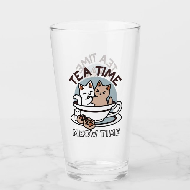 Copo De Pint Hora do Tea Meow - Design de Gato e Chá (Frente)