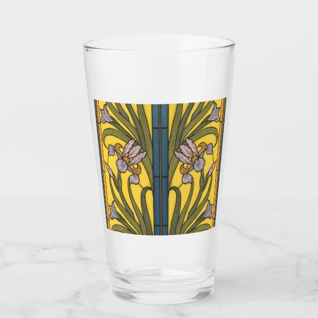 Copo De Pint Iris Flower Art Nouveau Vidro Estampado Azul Doura (Frente)
