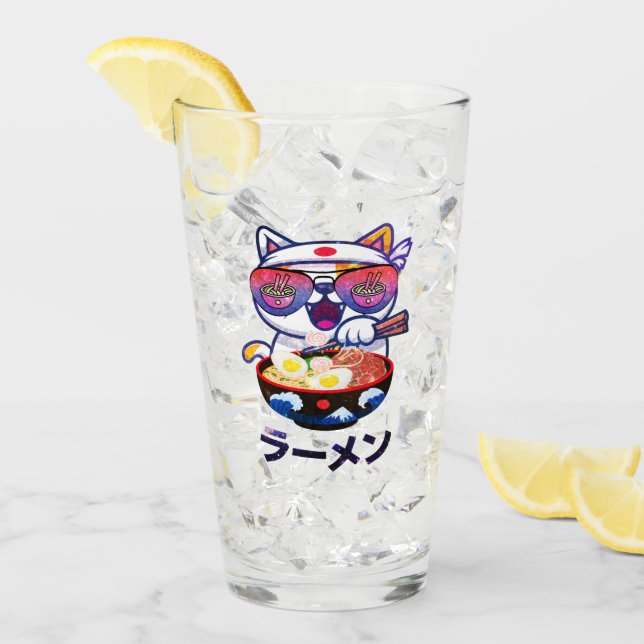Copo De Pint Kawaii Cat Eating Ramen - Bonitos Noodles Japonese (Gelo frontal)