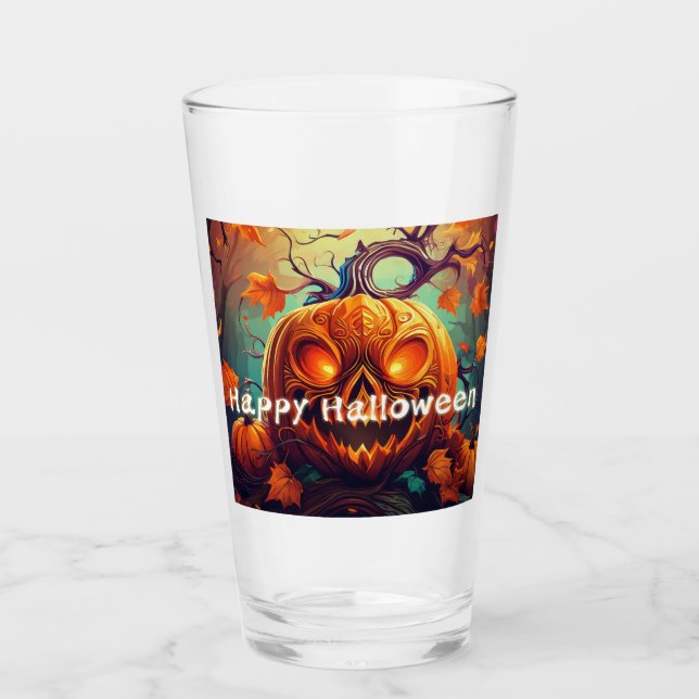 Copo De Pint Laranja Abóbora Assustadora com Rosto, Halloween  (Frente)
