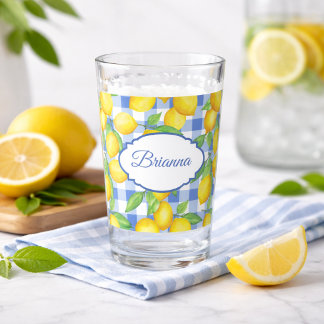 Copo De Pint Lemons & Blue Gingham Personalized Glass