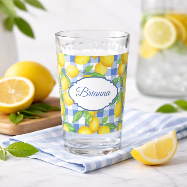 Copo De Pint Lemons & Blue Gingham Personalized Glass (Criador carregado)