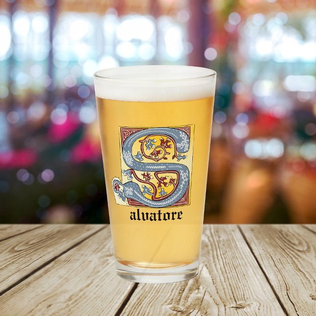 Copo De Pint Letra azul medieval e vermelha acesa S (Criador carregado)