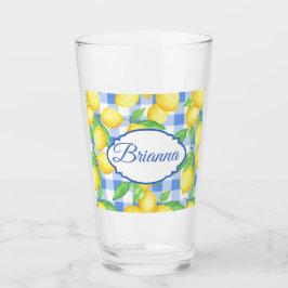 Copo De Pint Limões e Gingham Azul Vidro Personalizado