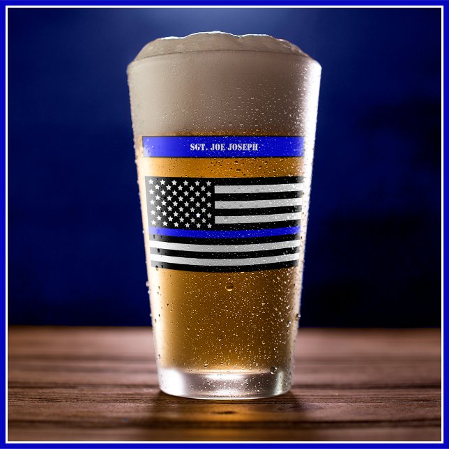 Copo De Pint [Linha Azul Fino] Voltar ao Ponto de Polícia Azul  (Customize text on both sides of glass with name, rank, department, years of service or motto etc.)