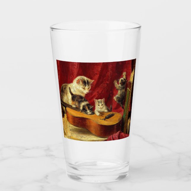 Copo De Pint Mãe Gato e Gatinhos Brincando com Violão (Frente)