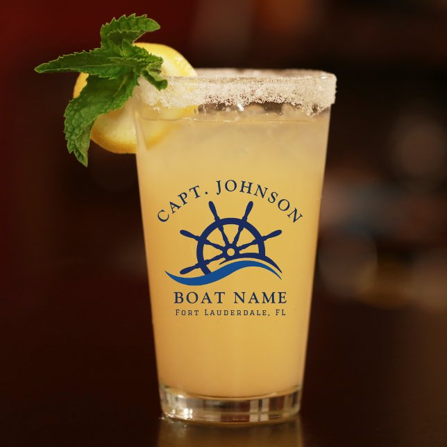 Copo De Pint Marinho de Onda Azul Náutica Capitão Navio Barco E (Nautical Blue Wave Navy Captain Ship Helm Boat Glass)