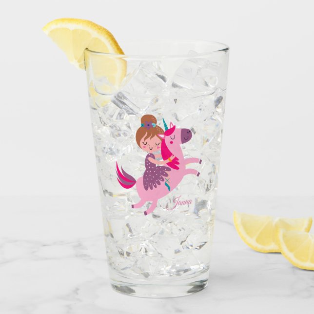 Copo De Pint Menina Blondie Linda Viajando em Unicórnio (Gelo frontal)