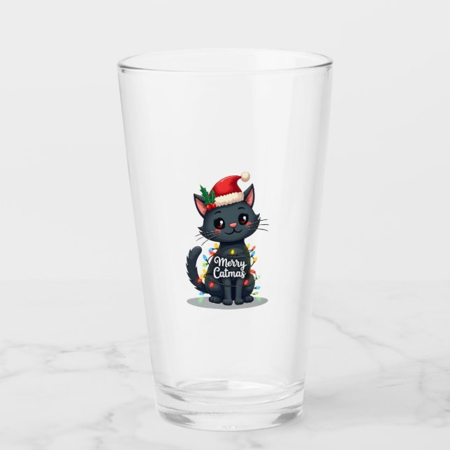 Copo De Pint Merry Catmas Black Cat Christmas Light Xmas Family (Frente)