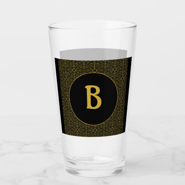Copo De Pint Monograma de Arquivo Preto e Dourado Personalizado (Frente)