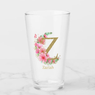 Copo De Pint Monograma de letra Z floral e dourado em aquarela