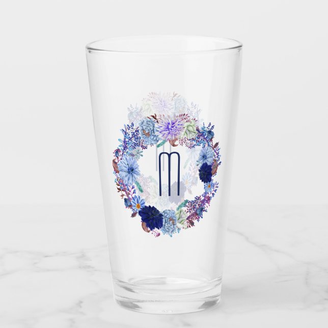 Copo De Pint Monograma de Verruga Floral de Mãe Azul Elegante (Frente)