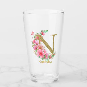 Copo De Pint Monograma Floral e Dourado em Aquarela Letra N