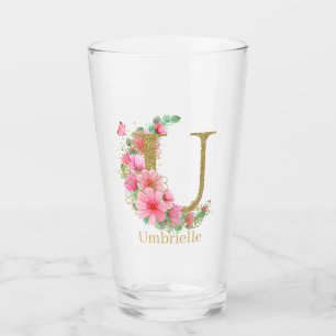 Copo De Pint Monograma Floral e Dourado em Aquarela Letra U