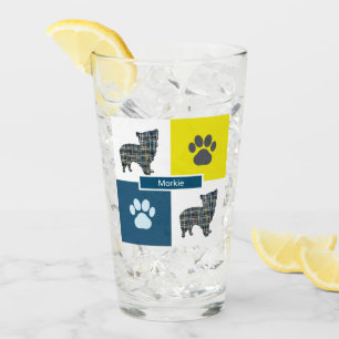 Copo De Pint Morkie Silhouette Dog & Paw Yellow & Blue Grid