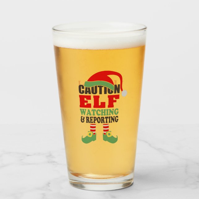 Copo De Pint Natal personalizado "Causa, Elf Observando" (Frente (Preenchido))