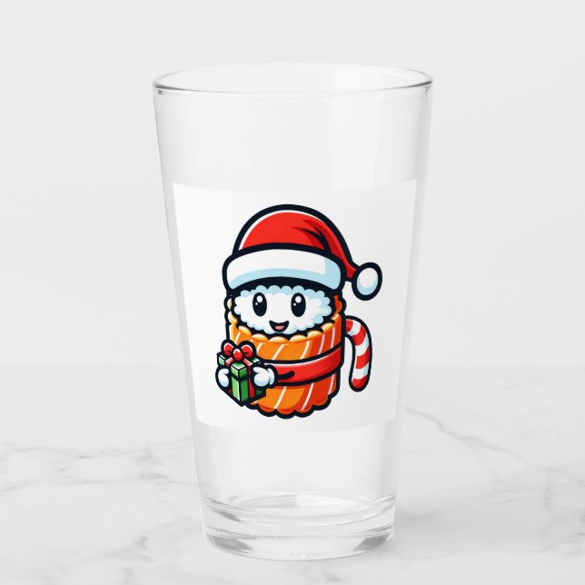 Copo De Pint Natal Sushi - Design de Cartoon de Comida Feriado (Frente)