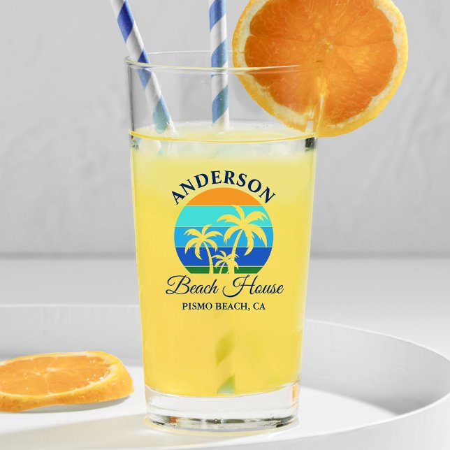 Copo De Pint Nome da família Beach House Sun Palm Trees (Customize to change text size, color or text style.)