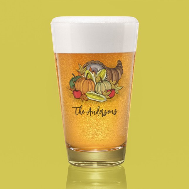 Copo De Pint Nome Personalizado da Família de Feriados de outon (Fall autumn style cornucopia custom glass)