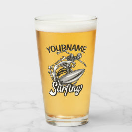 Copo De Pint Nome Personalizado Esqueleto de Surfista Ondas Gra