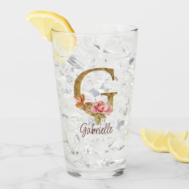 Copo De Pint Nome Personalizado - Letra G Espinho Ouro - Rosas  (Gelo frontal)