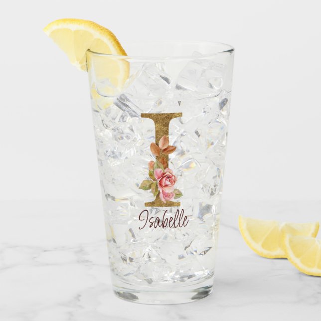 Copo De Pint Nome Personalizado - Letra I - Folha Ouro - Rosas  (Gelo frontal)
