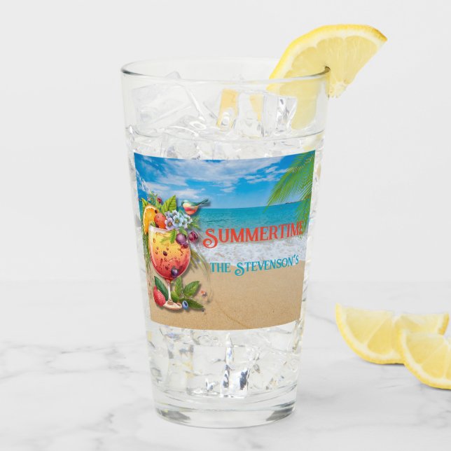 Copo De Pint Oceano de Praia Personalizado em Summertime (Gelo traseiro)
