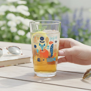 Copo De Pint Padrão Floral de Arte Folk Fox Natureza