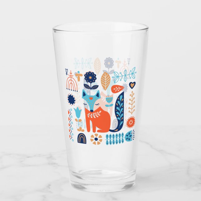 Copo De Pint Padrão Floral de Arte Folk Fox | Natureza (Frente)