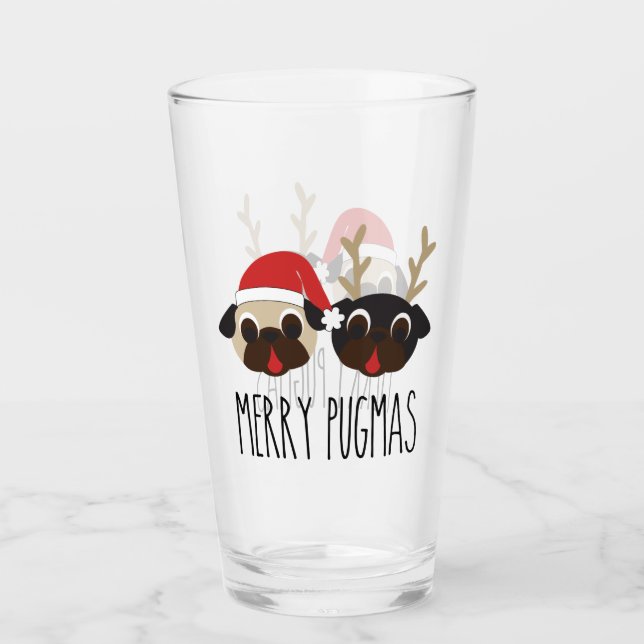 Copo De Pint Papai noel & rena alegres do Pug de Pugmas (Frente)