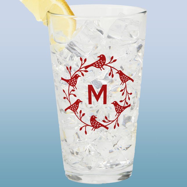 Copo De Pint Pássaro Monograma e Pássaro Escandinavo Flor (Scandinavian bird wreath personalized monogram initial glass tumbler)