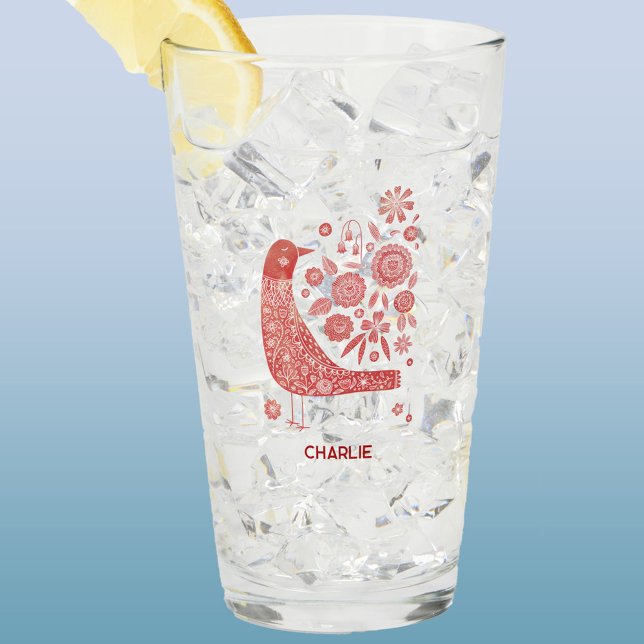 Copo De Pint Pássaro Nórdico Personalizado (Scandinavian bird personalized name glass tumbler)