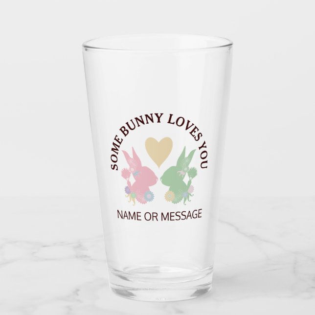Copo De Pint Pastel rosa e coelhos verdes com coração (Frente)