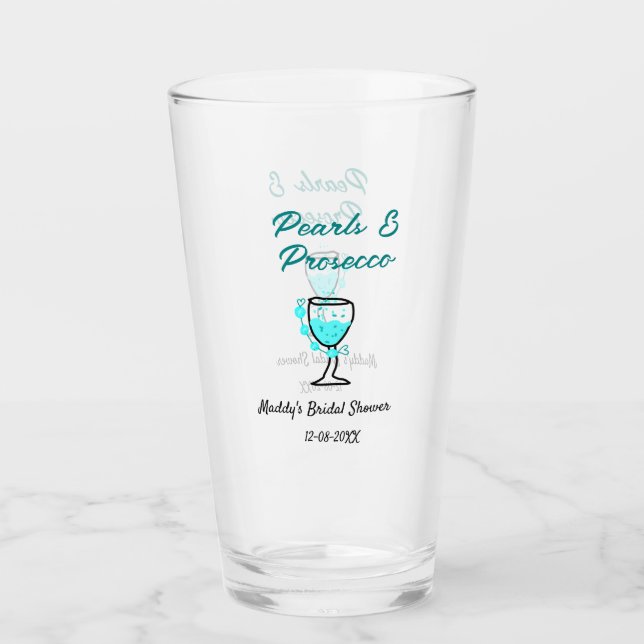 Copo De Pint Pérolas e prosecco chá de noiva azul preto nome  (Frente)