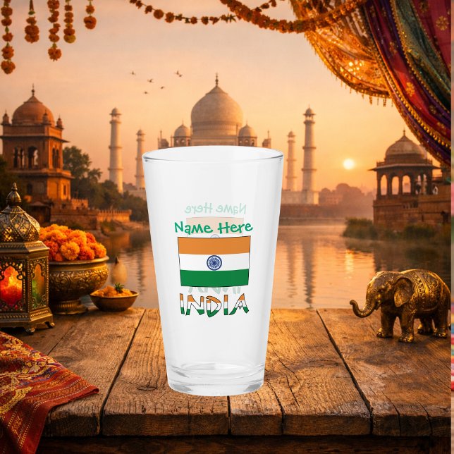Copo De Pint Personalized India Flag Two‑Sided Design (Personalized drinking glass with Indian Flag, INDIA below in flag colors. Above green text for name.)