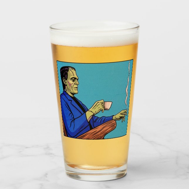 Copo De Pint Pop Art Frankenstein Monster Drinking Tea Halftone (Frente (Preenchido))