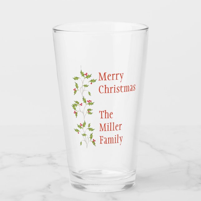 Copo De Pint Red and Green Holly Feliz Natal Personalizado (Frente)
