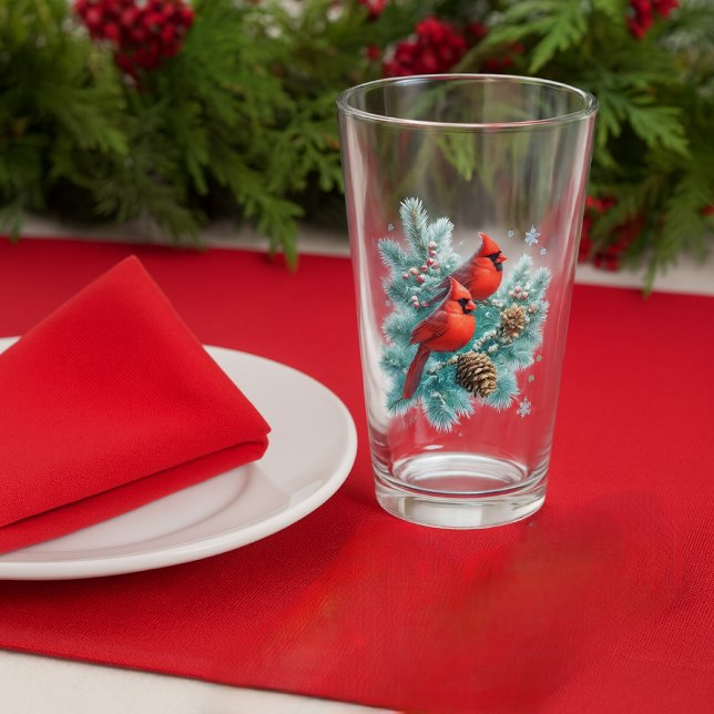 Copo De Pint Red Cardinal Birds and Pine Christmas Glass Cup (Set a festive holiday table with red cardinal bird and pine beverage glass. )