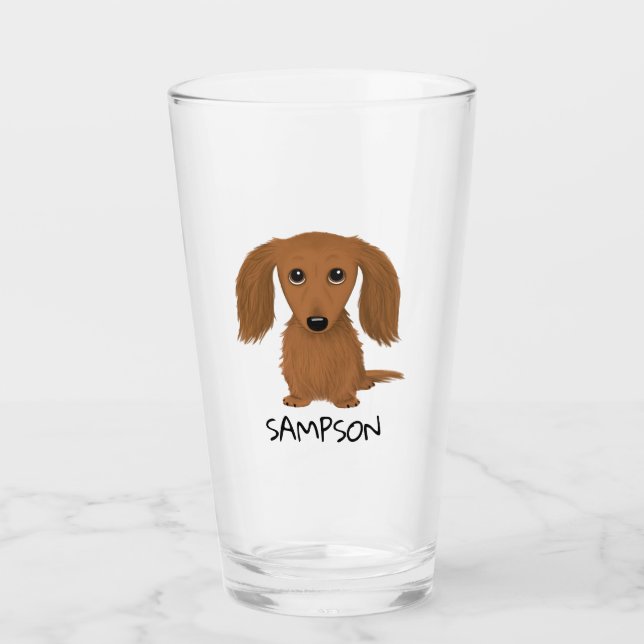 Copo De Pint Red Dachshund, de cabelos longos | Vidro Personali (Frente)