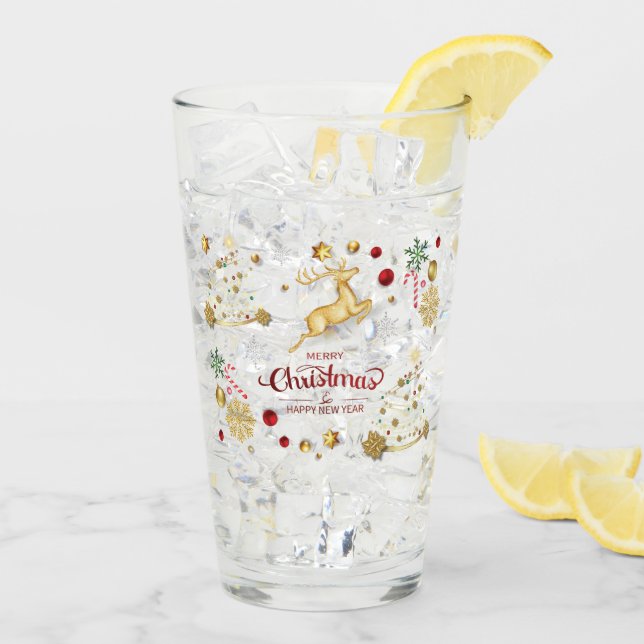 Copo De Pint Red Dourado Reindeer Feliz Vidro de Árvore de Nata (Gelo traseiro)