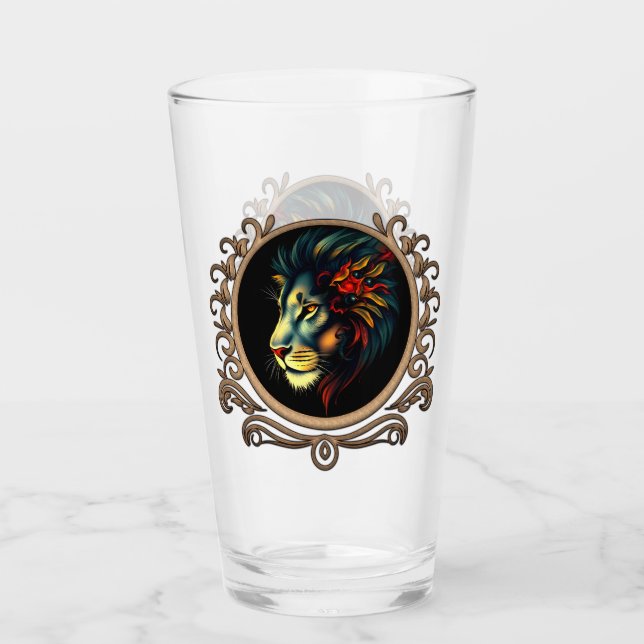 Copo De Pint Retrato da cabeça de leão estilizado em Mandala (Frente)