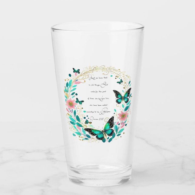 Copo De Pint Romanos 8:28 Flores e borboletas  (Frente)
