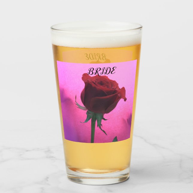 Copo De Pint Rosa vermelha de Vidro de Casamento Rosa (Frente (Preenchido))
