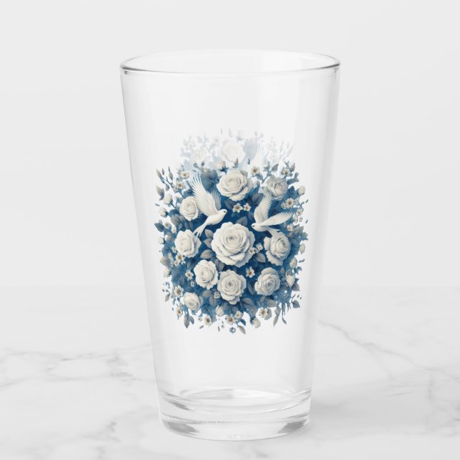 Copo De Pint Rosas Brancas E Pássaros Brancos  (Frente)
