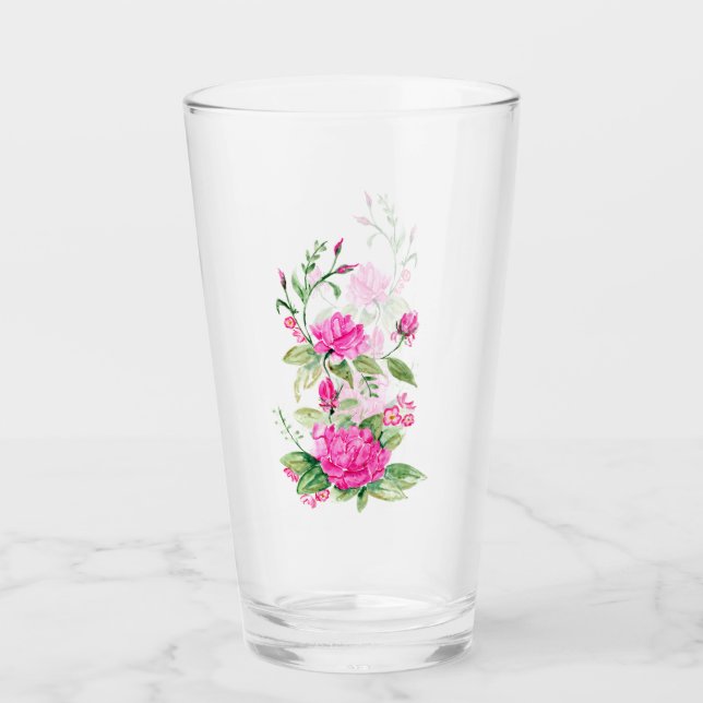 Copo De Pint Rosas de Aquarelas Ornamentais Rosa (Frente)