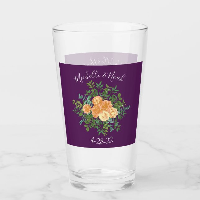 Copo De Pint Rosas Florais De Casamento Pêssego Roxo (Frente)