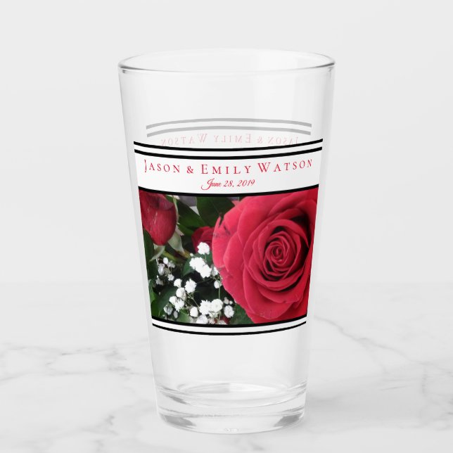 Copo De Pint Rosas vermelhas de Vidro de Favor de Casamento (Frente)