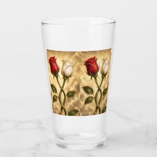 Copo De Pint Rosas vermelhas e brancas entrelaçadas.